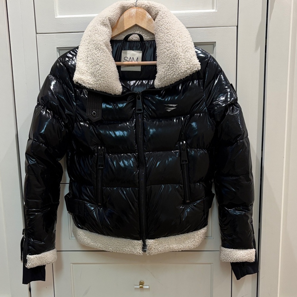 SAM. Shiny Black Puffer Jacket with Cream Details